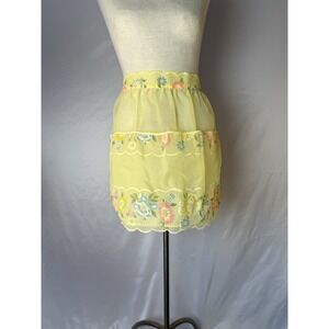 Vintage 50s Half Apron Sheer Yellow Floral Embossed Organza Retro MCM 3 Pockets